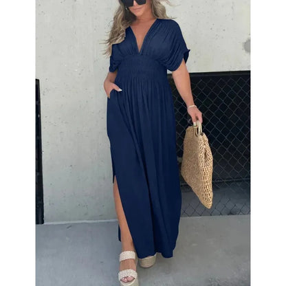 Robe Maxi "Manhattan-Flow" – Manches Chauve-souris, Col en V & Taille Élastique
