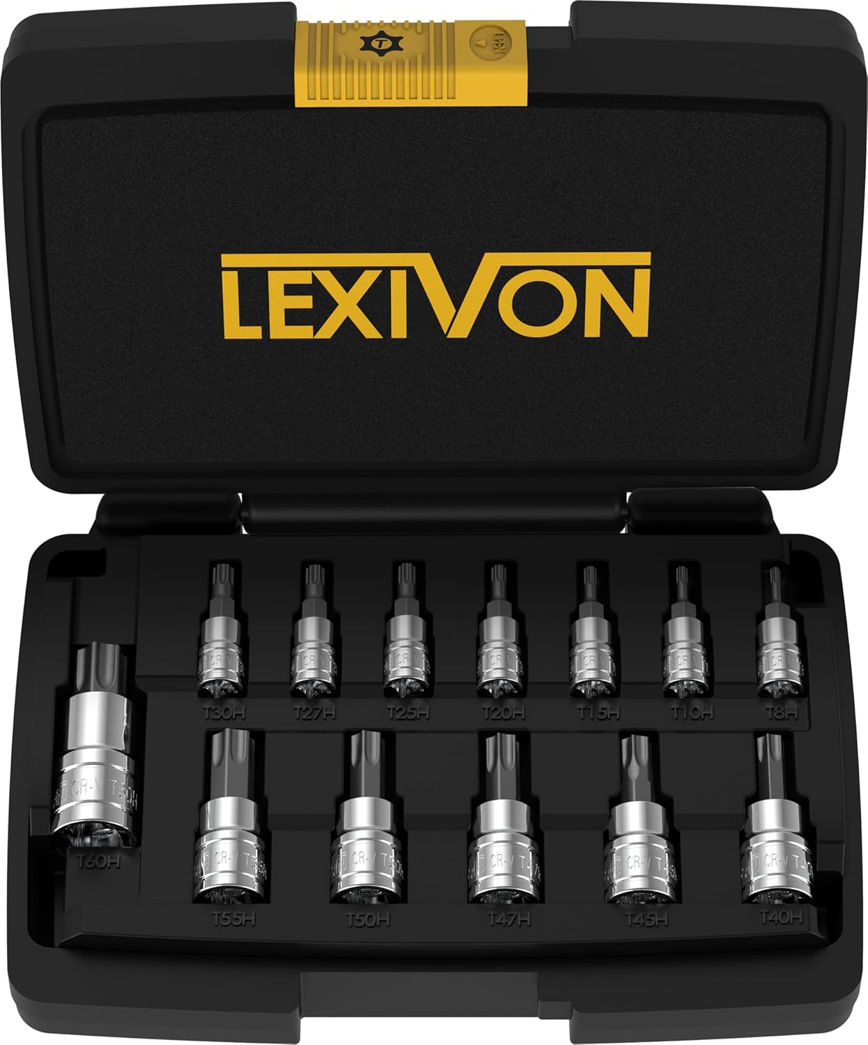 Set de 13 Douilles Tamper Proof Torx | Jeu de Sécurité douilles à embouts étoilé, taille de T8, T10, T15, T20, T25, T27, T30 T40, T45, T47, T50, T60 | entraînement 1/4 3/8 1/2, pour clés et perceuses