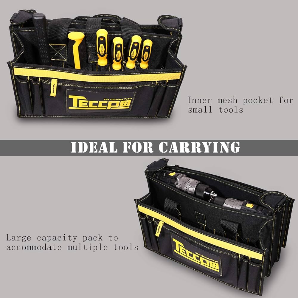 Sac a Outils, TECCPO Professional Sac Porte-outils 30 cm, Stockage Fort avec Base en Caoutchouc Resistant a lUsure, Bandouliere Reglable, Pognées en Caoutchouc, 16 Poches -