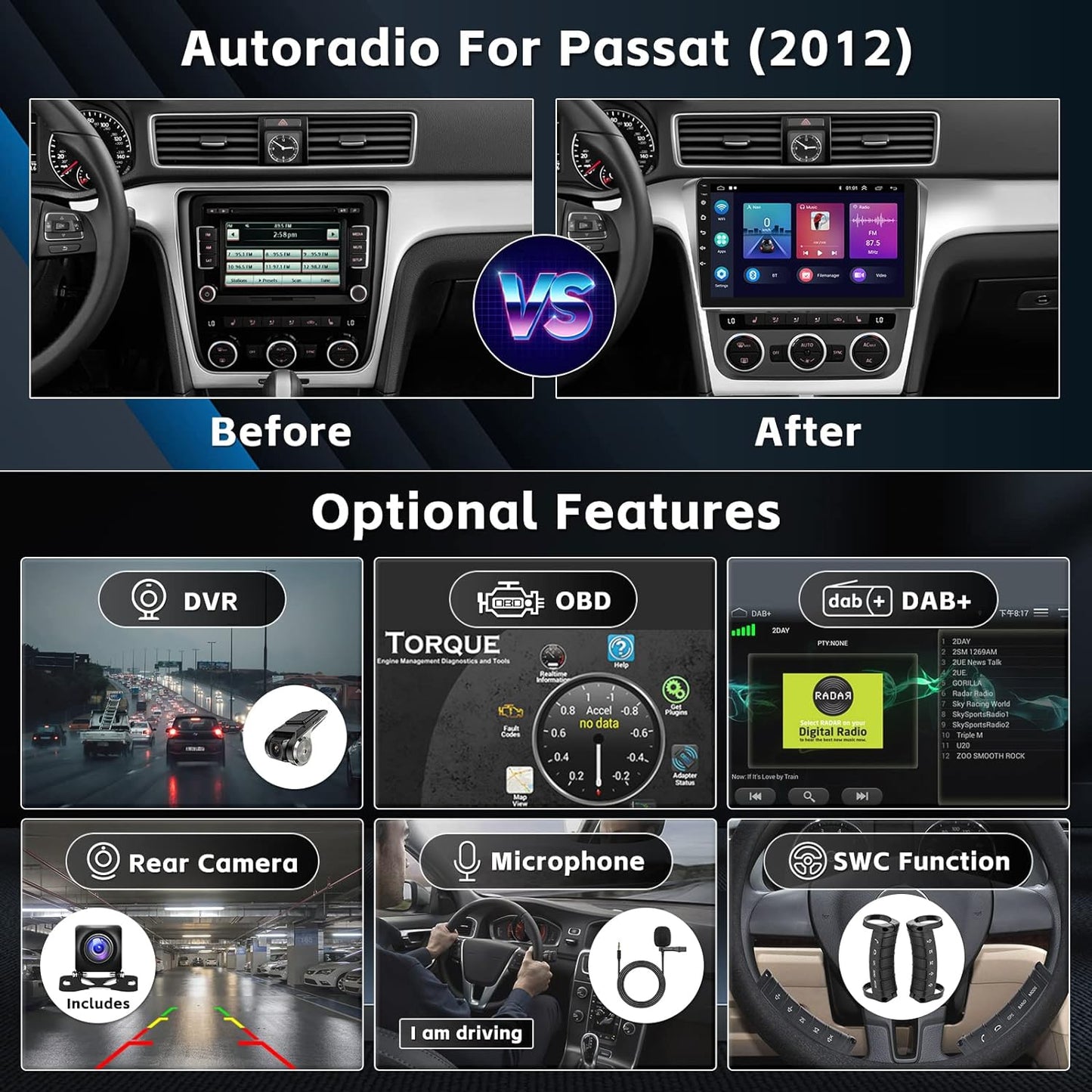 CAMECHO Android 11 Autoradio pour Volkswagen Passat 2012-2015, 2G+32G, Wireless Carplay Android Auto, 10.1" HD écran Double Din Bluetooth avec GPS HiFi Support FM RDS SWC + AHD Caméra de recule