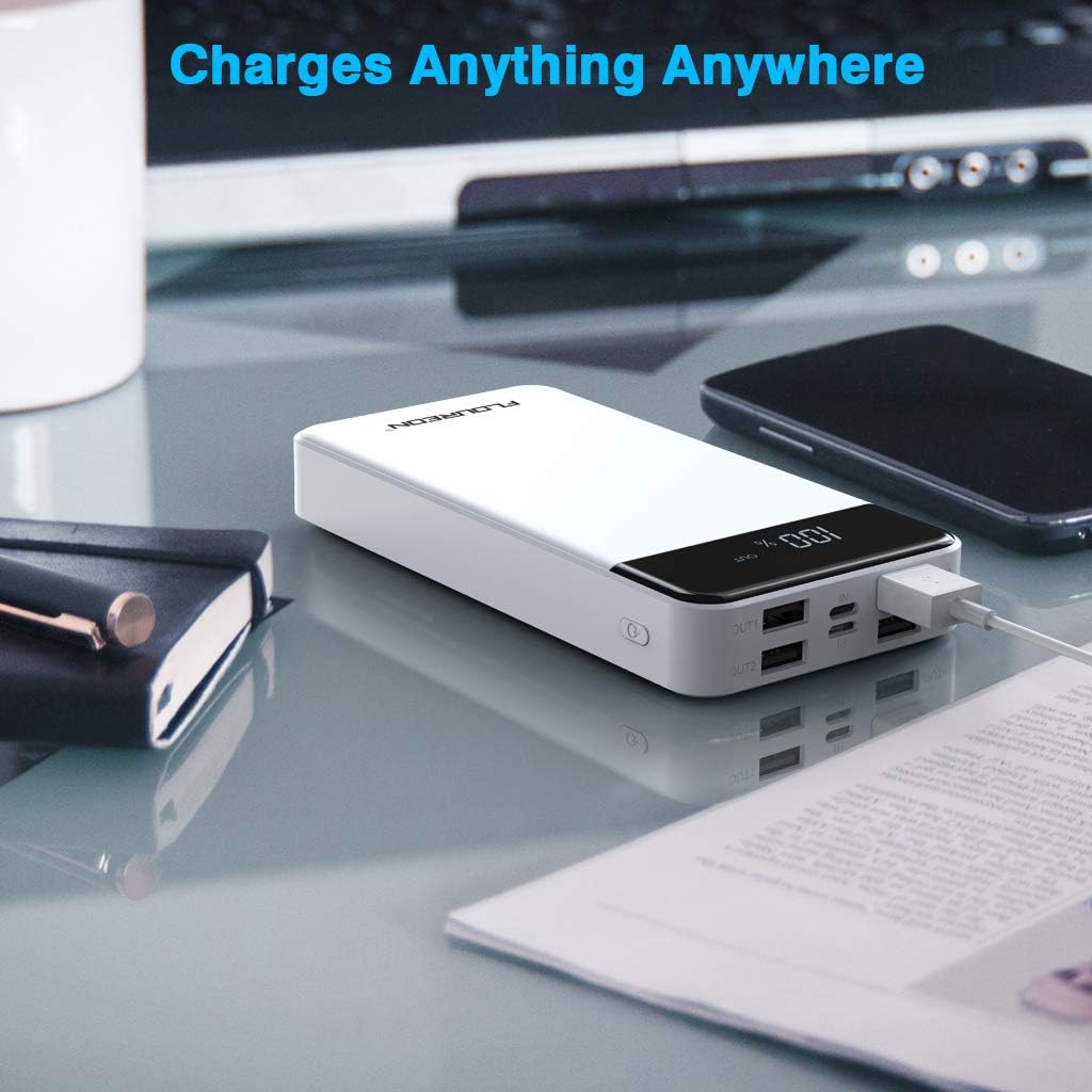 FLOUREON Batterie Externe 20000mAh Power Bank avec L’écran LED Chargeur Portable 2 Ports Entrées 2 Ports Sorties USB pour Téléphone Portable Tablette