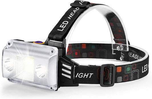 Lampe frontale, lampe frontale super lumineuse 10000 lumens 3 LED 4 modes, lampe frontale USB rechargeable étanche, parfaite pour le travail, l'extérieur, le camping, la randonnée, la pêche (noir)