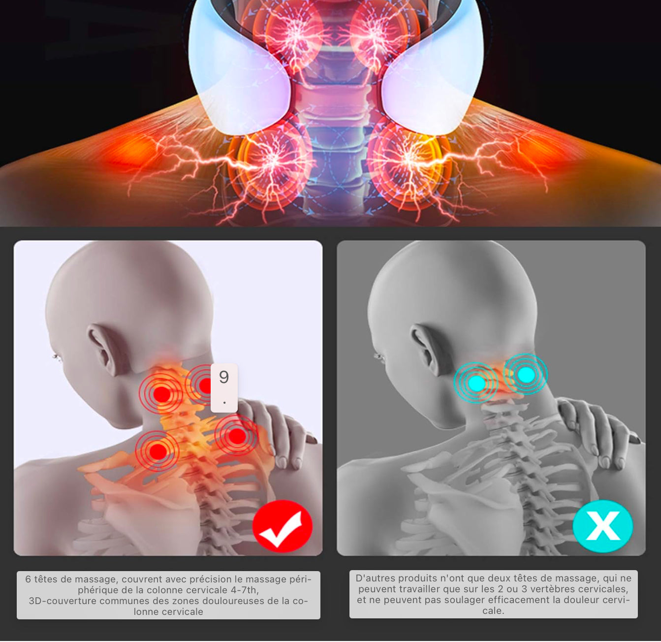 Masseur de cou, masseur de cou intelligent avec fonction de chaleur, masseur de dos à impulsion électrique, soulagement de la douleur au cou et à l'épaule, pour la maison, le bureau, les voyages
