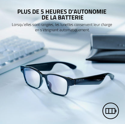 Lunettes à filtre anti-lumière bleue ou lunettes de soleil audio (Rectangle, Large) (Son à faible latence, Conception IPX4 résistante à l’eau, Micro intégré et haut-parleurs) Noir Razer Anzu