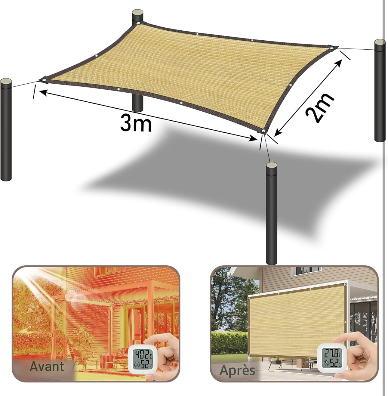 Voile d'ombrage rectangulaire - Filet d'ombrage - Protection Solaire - Protection Contre Les intempéries - 90% Filet d'ombrage pour Jardin, Serre, Patio, terrasse et Camping