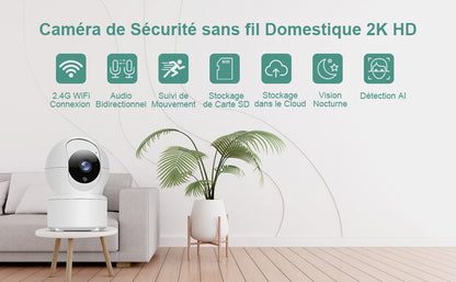 Camera Surveillance WiFi intérieure 2K HD Alarme, sans Fil Vision Nocturne, Audio bidirectionnel