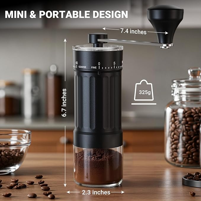 Mini Moulin à Café Manuel avec 40 Réglages Ajustables, Moulin Manuel Café Portable à Main avec Capacité de 30g, Broyeur à Meule Conique avec Manivelle pour Voyage, Camping, Bureau, Espresso, Pour Over