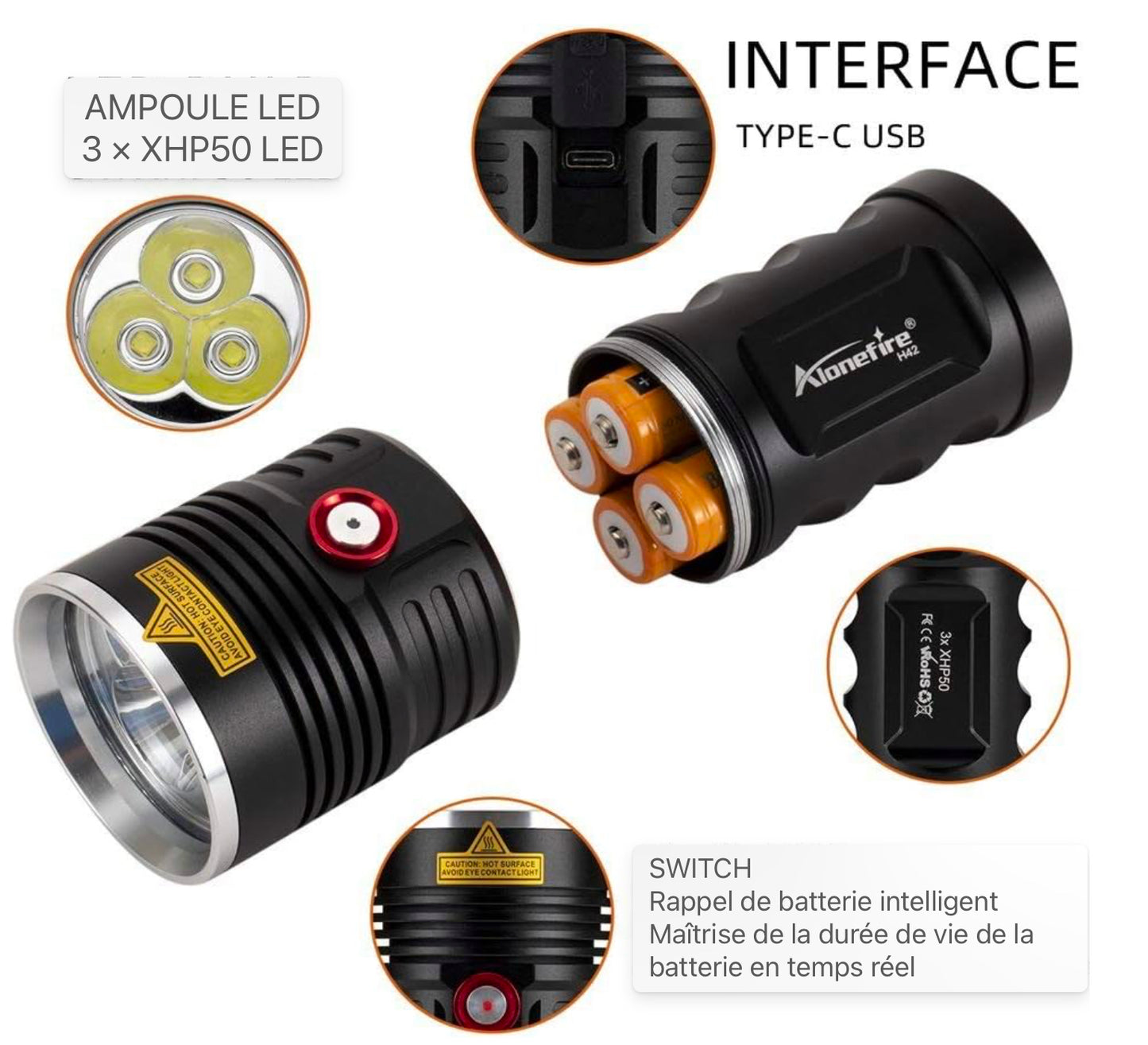 Lampe de poche tactique LED Extrême Lumineux USB Rechargeable Étanche 8000 Lumens Puissant 3PCS avec Indicateur de Charge, 4 x Batterie incluse pour la chasse en plein air Police Survie Militaire