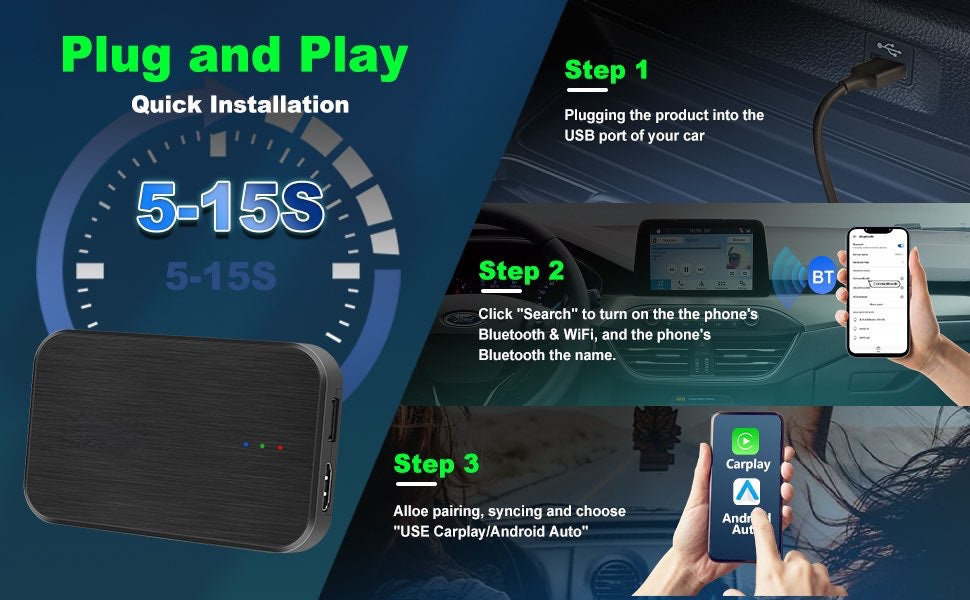 Adaptateur Sans Fil Apple CarPlay et Android Auto Android 10.0 2+32G flambant neuf