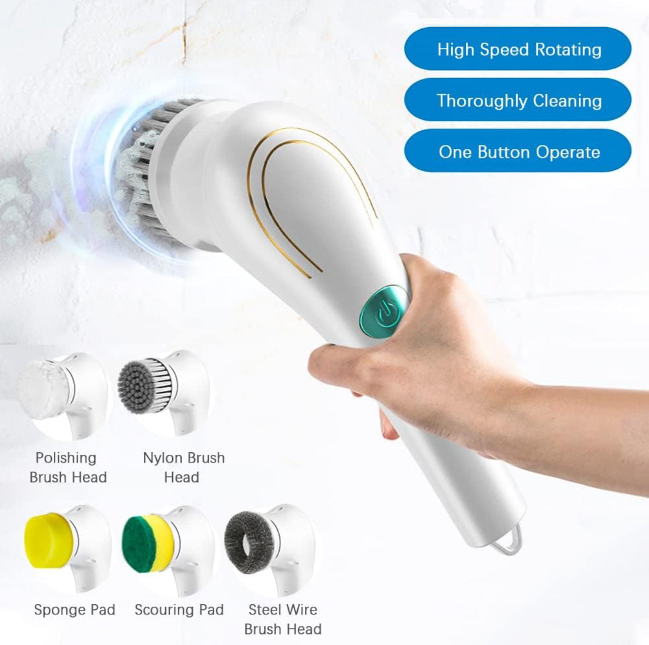 Brosse de Nettoyage Électrique sans Fil, Rotative à Main Multifonctionnelle, avec 5 Têtes, Etanche