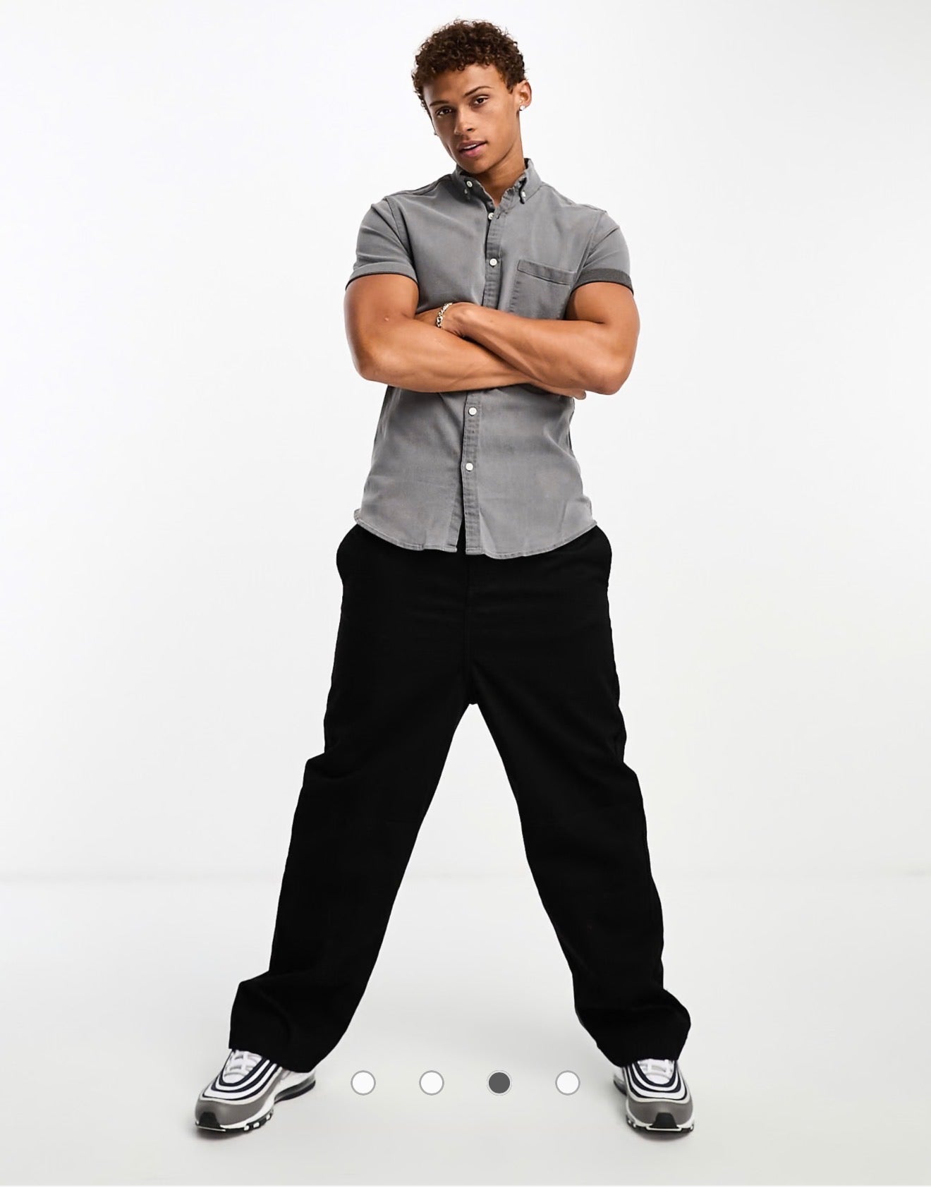 Chemise cintrée en jean stretch à manches courtes - Noir délavé