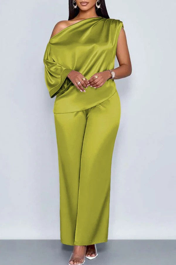 transfrontalier été décontracté Costume en satin pour femmes Col incliné Ensemble de pantalons à manches courtes