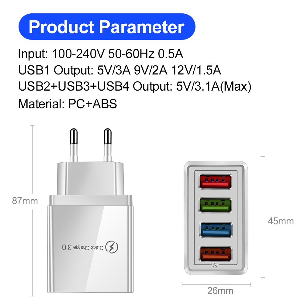 Chargeur USB Charge rapide 3.0 4 Adaptateur de téléphone pour tablette Chargeur mobile mural portable
