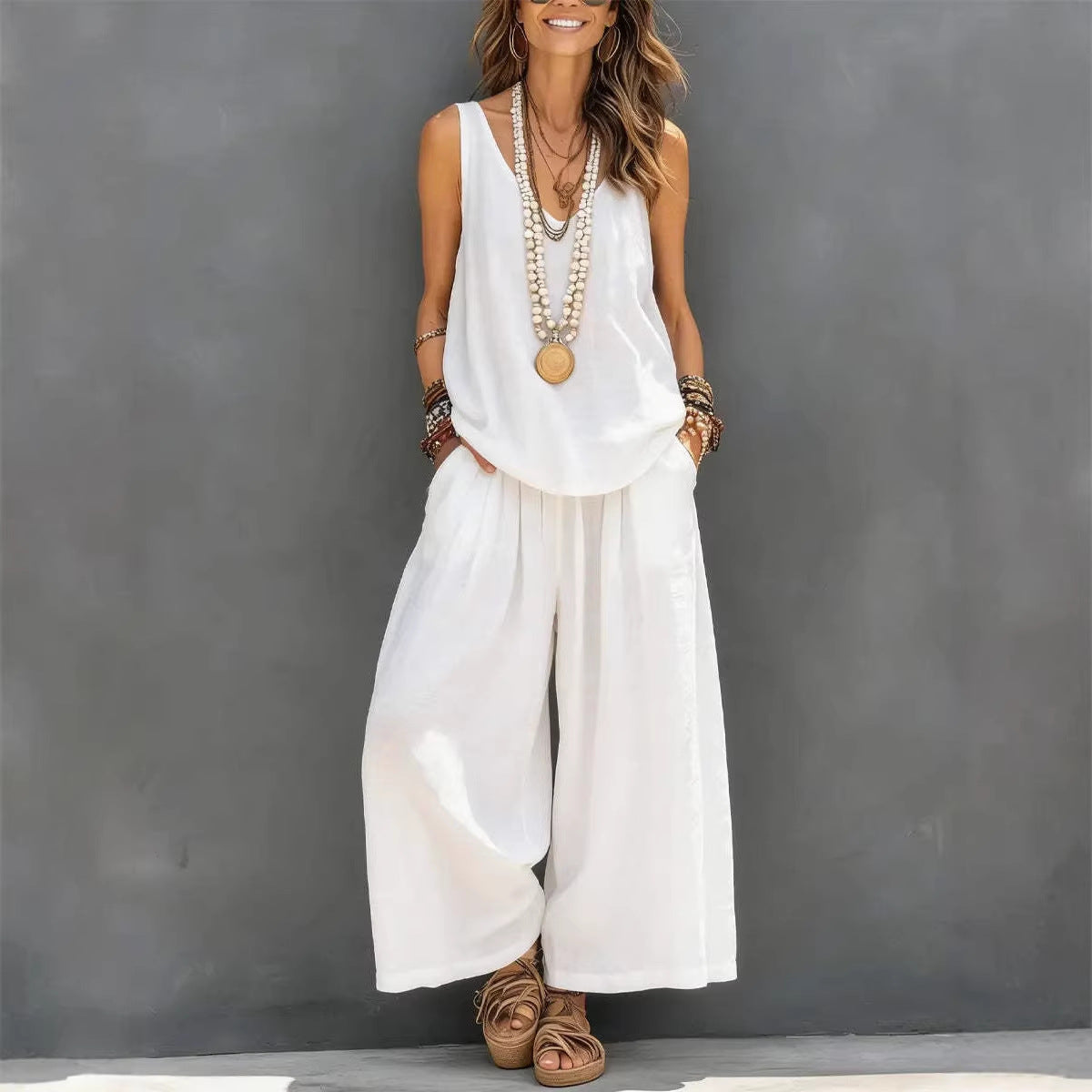 Débardeur décontracté sans manches de couleur unie pour femmes et pantalon à lambes larges Ensemble en lin de coton pour vêtements de tous les jours Tenue de vacances