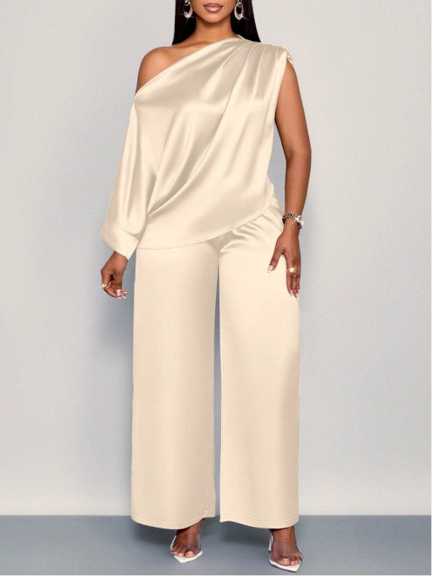 transfrontalier été décontracté Costume en satin pour femmes Col incliné Ensemble de pantalons à manches courtes