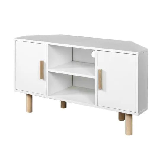Meuble TV d'angle - 2 portes - Décor mélaminé Blanc - Pieds en bois massif - L90 x P35 x H55 cm neuf