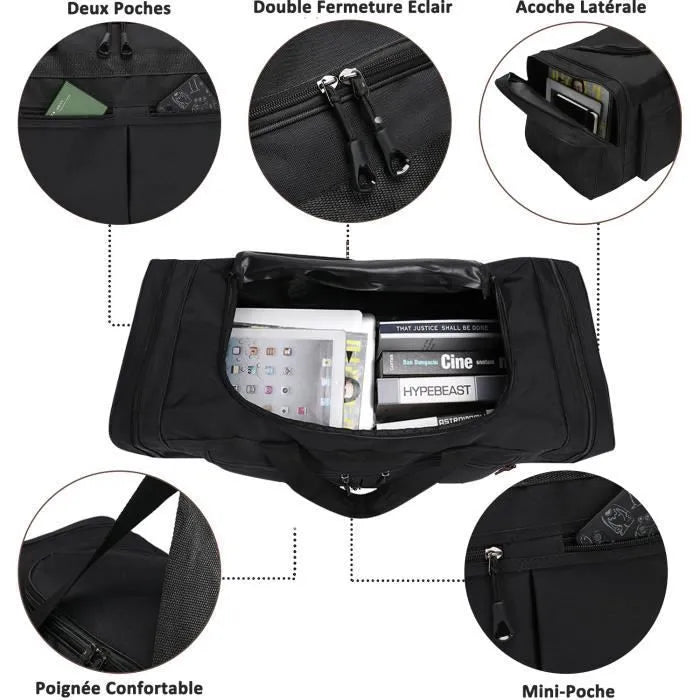 Sac de Voyage 80L, Grand Sac de Sport Pliable avec Bandoulière et Multi-Poches, Imperméable, Résistant à l'usure - 70x28x32cm