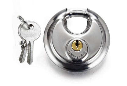 Cadenas en acier inoxydable Forme ronde 70 mm grande Distribution gâteau Lock entrepôt Porte Disc Chaîne antivol Serrure avec 2 clés
