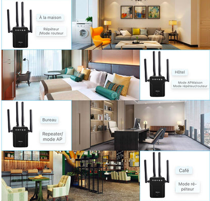 WLAN Repeater WLAN Amplificateur 1200Mbit/s Dualband 5GHz 2.4GHz, WiFi Amplificateur Point d'accès Port Ethernet/LAN/WPS, AP/Répéteur/Routeur, Facile à installer, Compatible avec tous les appareils WLAN