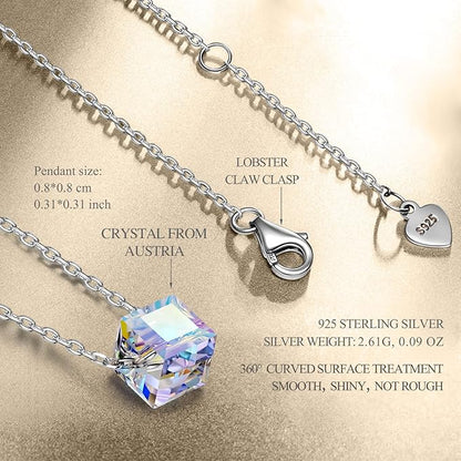 Alex Perry Collier en Cristal pour femmes, Collier en Argent 925, Pendentif en Cristal Cube pour Filles, Cadeaux Personnalisés pour Elle, Cadeaux pour la Fête des Mères, avec boîte à bijoux