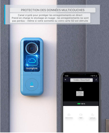 Sonnette vidéo GazingSure - Sonnette de sécurité WLAN 2K avec caméra et carillon, transmission en temps réel, détection de mouvement, résistance aux intempéries IP65, compatible avec Alexa et Google Assistant