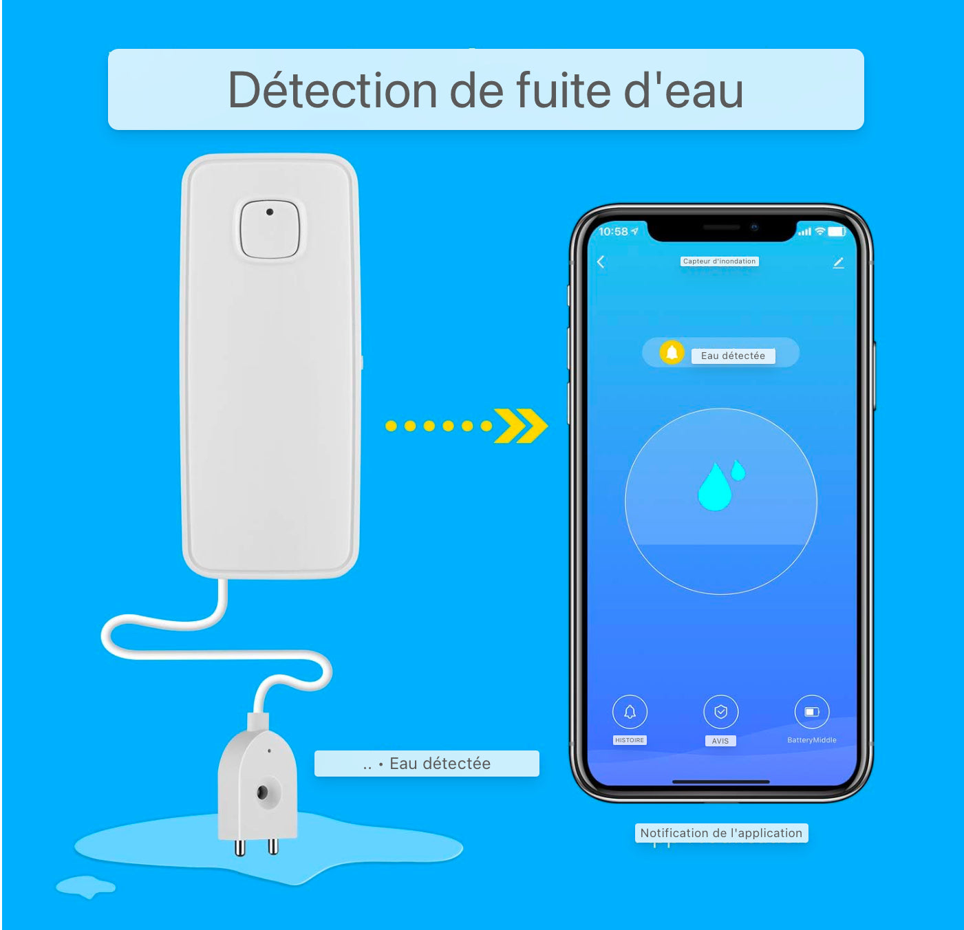 AGSHome Détecteur d'eau WLAN Alarme d'eau, alarme de fuite APP, fonctionne avec l'application SmartLife, fonctionnement sur batterie, pour machine à laver, salle de bain et cave