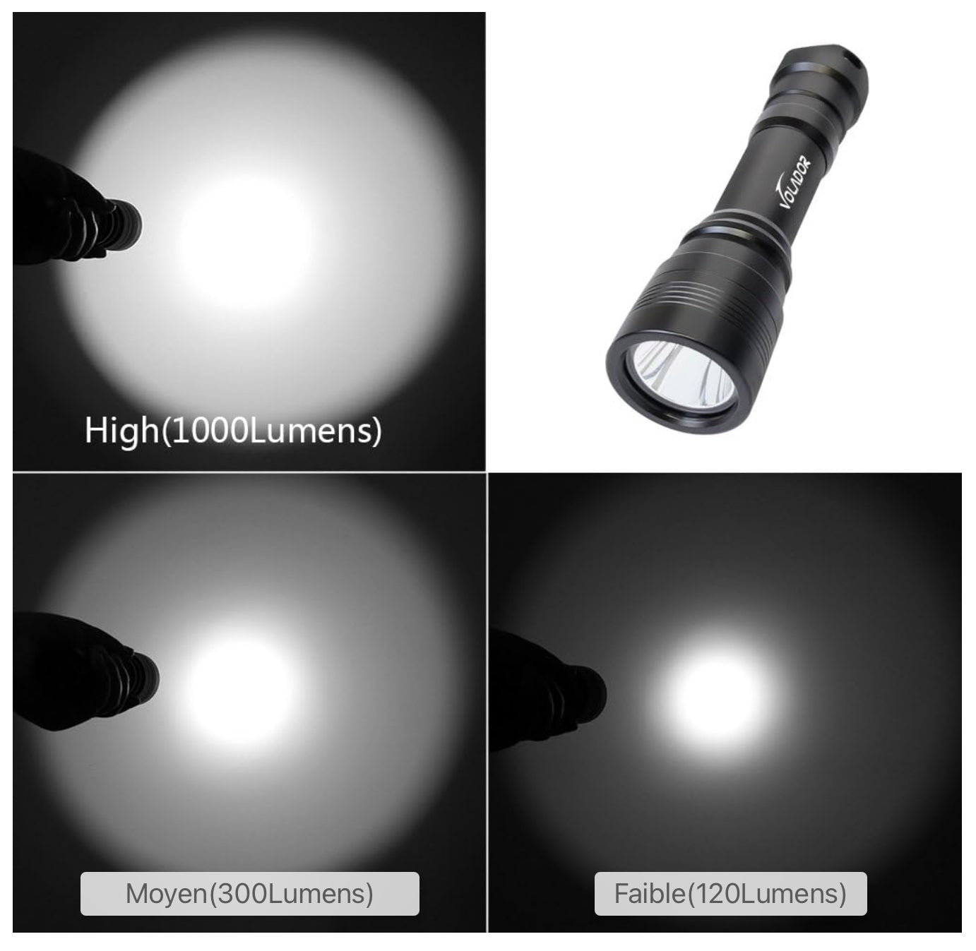 Lampe de poche Volador pour la plongée, 1000 lumens, rechargeable, lampe de poche sous-marine, 150 mètres de plongée, avec 1 x 18650 batterie et chargeur, lampe de poche de plongée