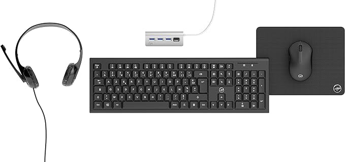 Pack Clavier AZERTY sans Fil, Souris, Tapis de Souris, HUB 4 Ports USB, Casque-Micro