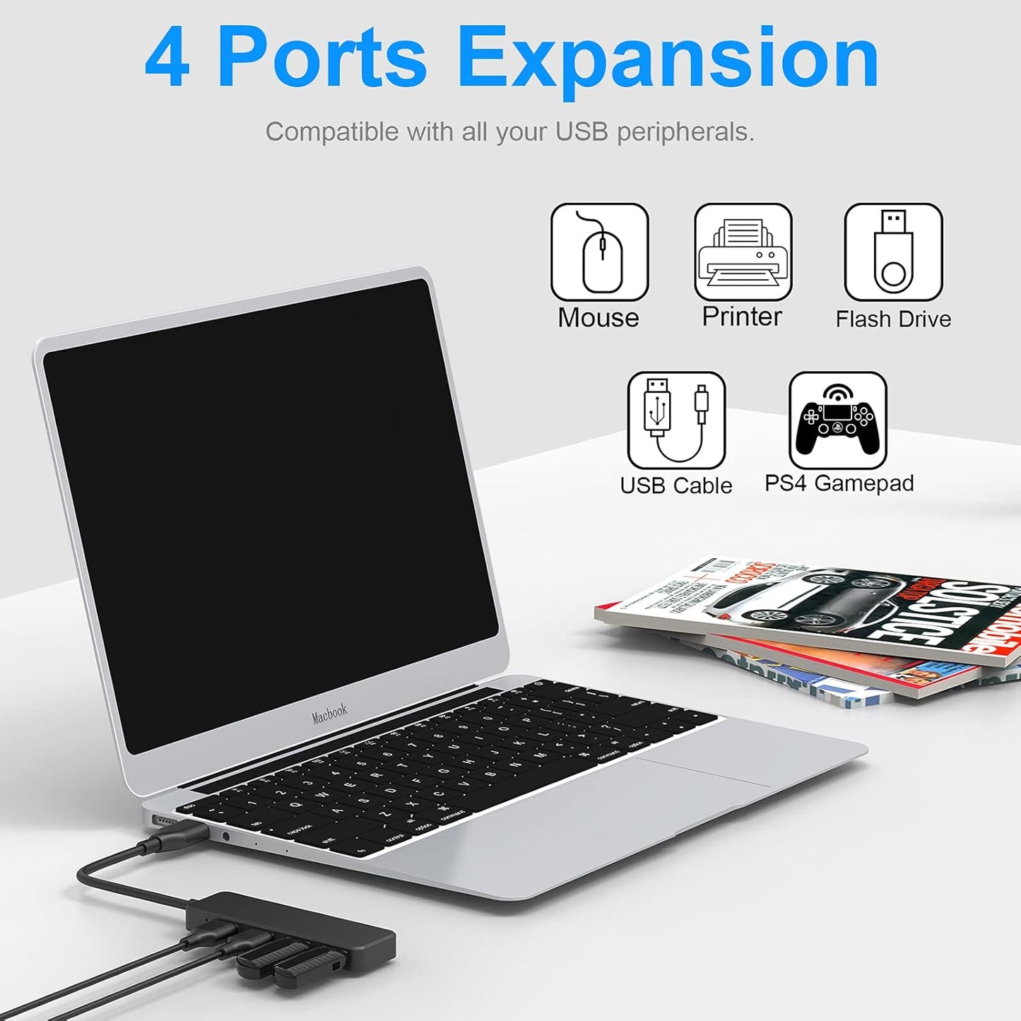 Hub USB 3.0 Multi USB 4 Ports 3.0 5Gbps Adaptateur Portable Multi Data Hub avec Câble de 30mm Compatible pour Macbook/Mac Pro/Mini/iMac/Surface Pro/XPS/Notebook PC, Plug-et-Play