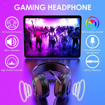 Casque de Jeu, Casque de Jeu Filaire stéréo 3,5 mm avec rétroéclairage Arc-en-Ciel RVB, Son Surround de Casque Professionnel et Microphone à réduction de Bruit, pour PS4 / Xbox One/Mac/PC (Noir)