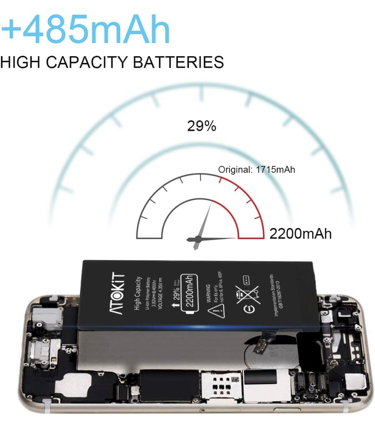 Batterie pour iPhone 6S 2200mAh, ATOKIT Haute Capacité 6S Batterie Interne de Replacement avec Kit D'outils de Réparation Professionnel, Garantie 2 an (iPhone 6S)