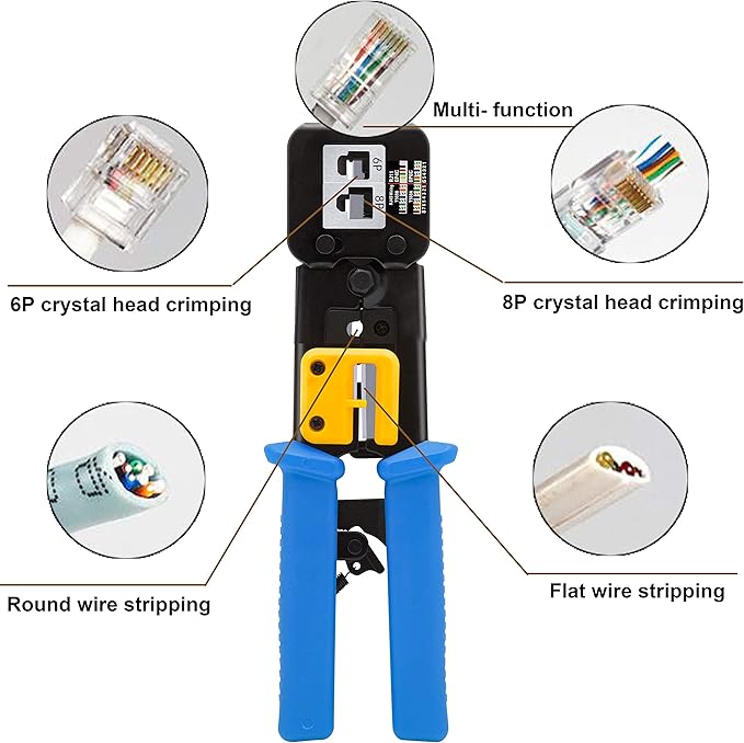Pince à sertir RJ45, outils de réseau professionnels, entretien de l'ordinateur, kit LAN testeur de connexion, connecteurs RJ11/RJ12 réguliers et passants (Bleu)