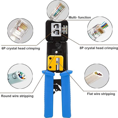Pince à sertir RJ45, outils de réseau professionnels, entretien de l'ordinateur, kit LAN testeur de connexion, connecteurs RJ11/RJ12 réguliers et passants (Bleu)