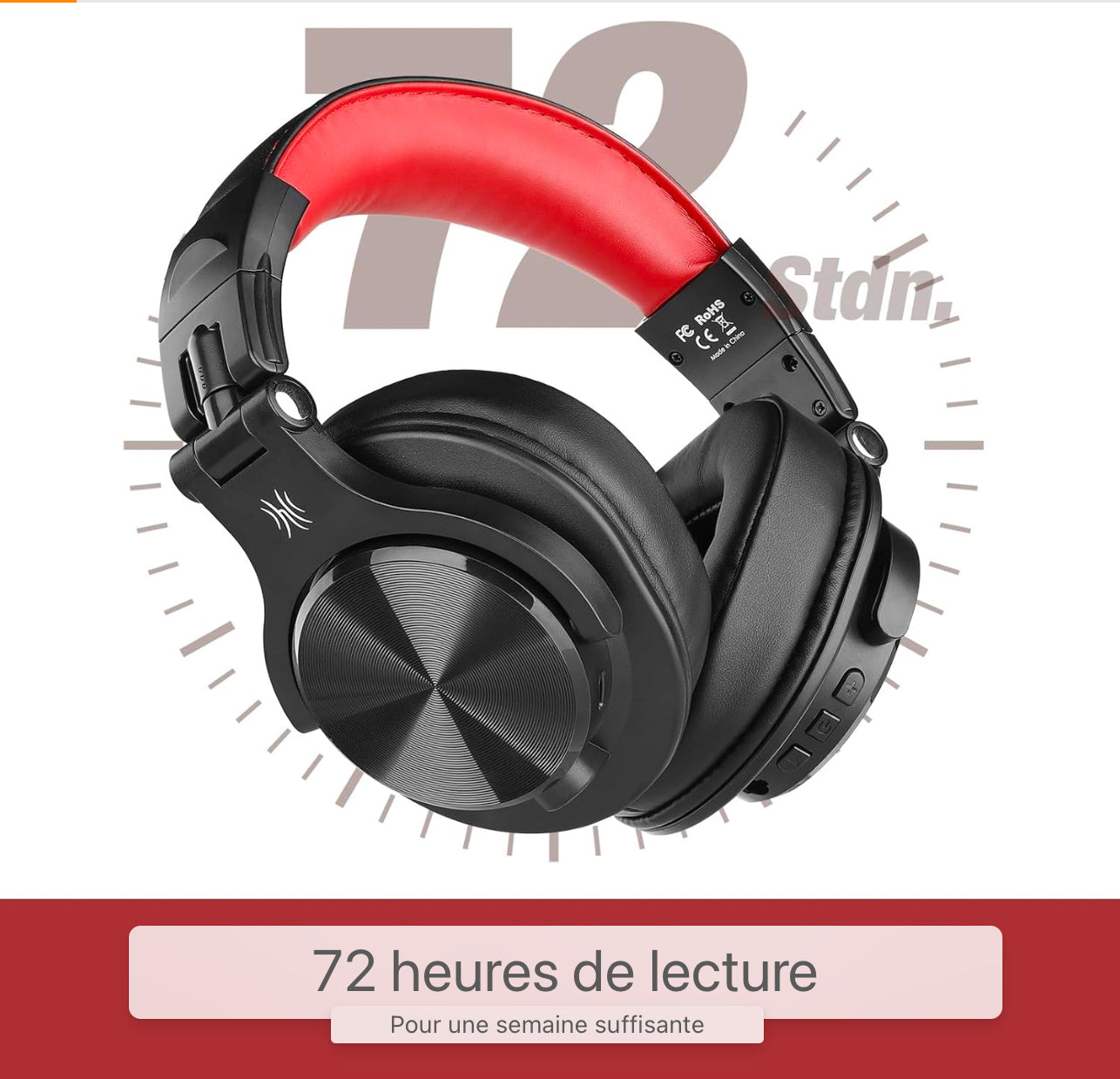 Casque Bluetooth Over Ear, 72 heures HiFi Casque stéréo sans fil, casque sans fil avec prise jack 6.35mm & 3.5mm pour Studio DJ Téléphone portable PC AMP - Rouge