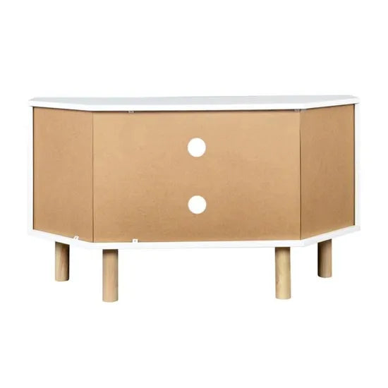 Meuble TV d'angle - 2 portes - Décor mélaminé Blanc - Pieds en bois massif - L90 x P35 x H55 cm neuf