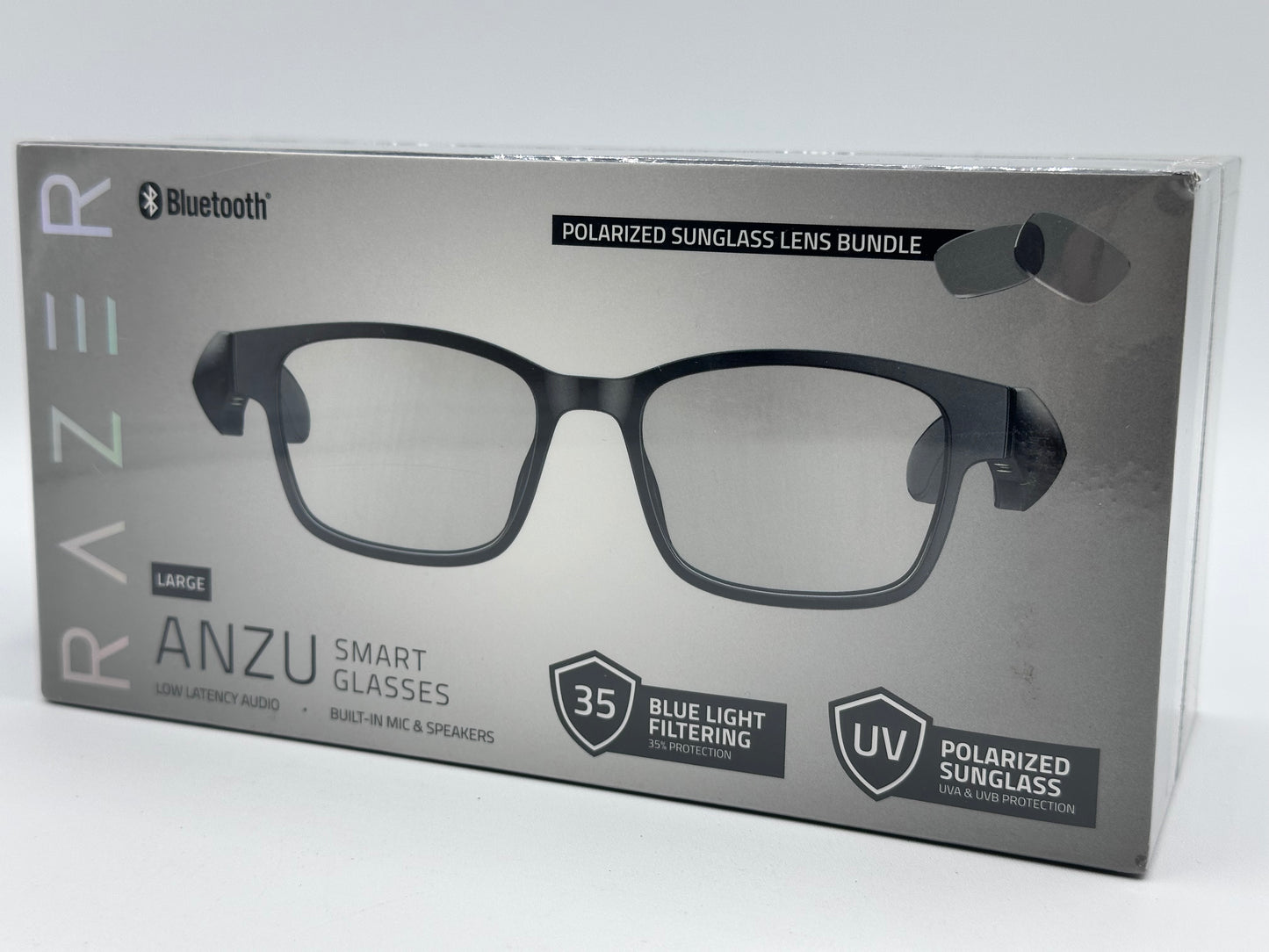 Lunettes à filtre anti-lumière bleue ou lunettes de soleil audio (Rectangle, Large) (Son à faible latence, Conception IPX4 résistante à l’eau, Micro intégré et haut-parleurs) Noir Razer Anzu