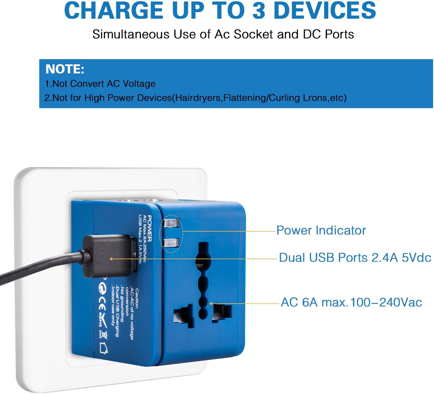 Adaptateur de voyage, adaptateur secteur universel mondial tout en un Chargeur mural international pour téléphone portable et Pc portable, avec double port de charge USB pour les USA, Europe, Royaume Uni, Australie (Bleu)