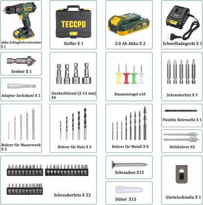 Visseuse sans fil TECCPO 18 V, 45 Nm, 2 batteries 2000 mAh et 105 accessoires, chargeur rapide, 21 + 3 niveaux de couple, 2 vitesses, mallette à outils portable - BHD700B