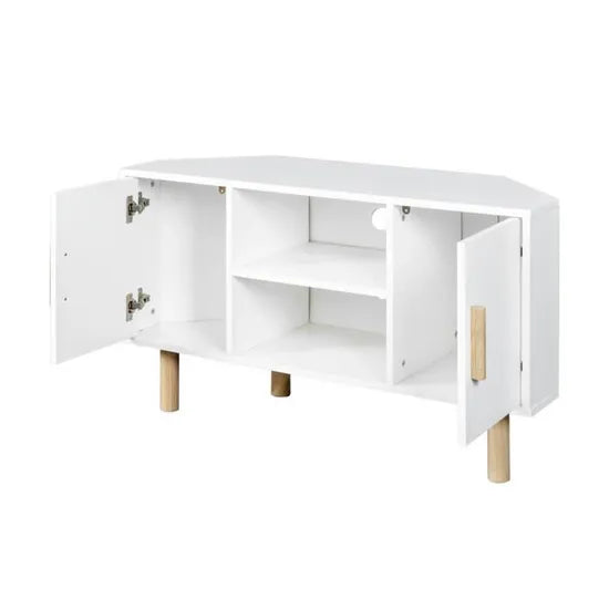 Meuble TV d'angle - 2 portes - Décor mélaminé Blanc - Pieds en bois massif - L90 x P35 x H55 cm neuf