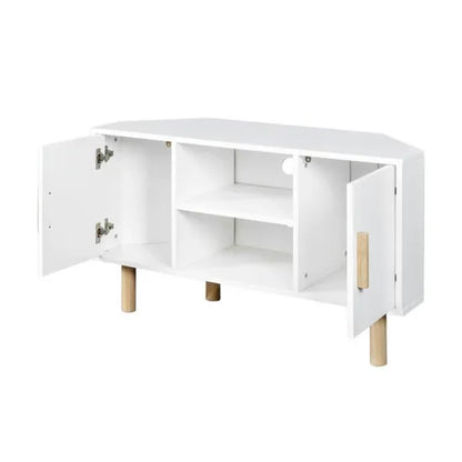 Meuble TV d'angle - 2 portes - Décor mélaminé Blanc - Pieds en bois massif - L90 x P35 x H55 cm neuf