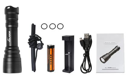 Lampe de poche Volador pour la plongée, 1000 lumens, rechargeable, lampe de poche sous-marine, 150 mètres de plongée, avec 1 x 18650 batterie et chargeur, lampe de poche de plongée