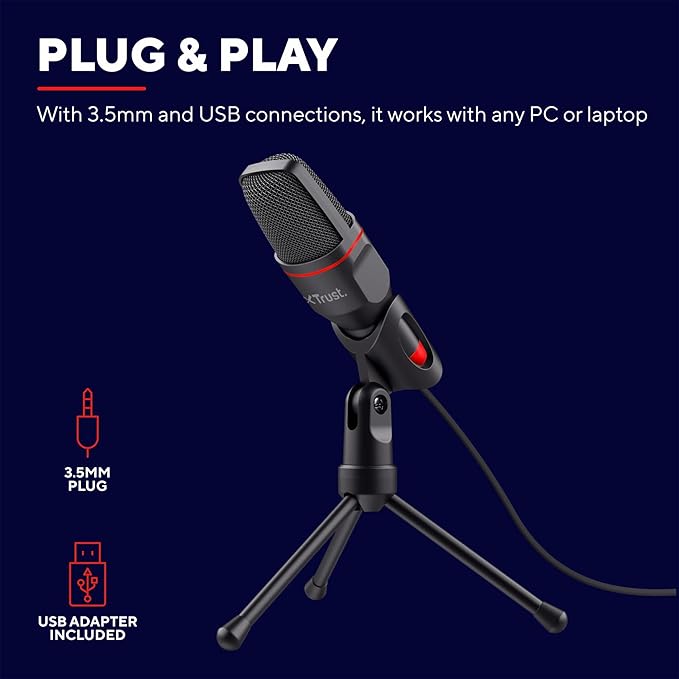 Trust Gaming GXT 212 Mico Microphone USB (Micro PC avec Connexions 3,5 mm et USB, Câble de 1,80 m, sur Trépied) Noir