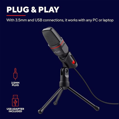 Trust Gaming GXT 212 Mico Microphone USB (Micro PC avec Connexions 3,5 mm et USB, Câble de 1,80 m, sur Trépied) Noir