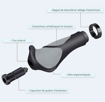 Poignées de vélo Ergonomiques, poignées de vélo/poignées de guidon en caoutchouc antidérapant et tampon, poignées de guidon avec design Lock-On à deux côtés, pour VTT, vélo de trekking, vélo de route de ville (guidon de 22 mm)