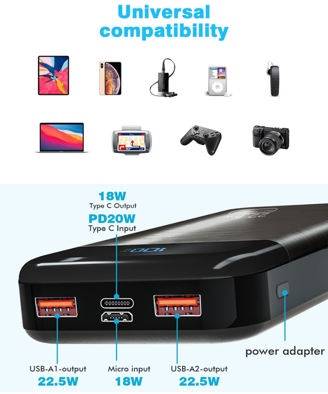 Batterie Externe 27.000mAh 22,5 W PD3.0 QC4.0 Haute Vitesse flambant