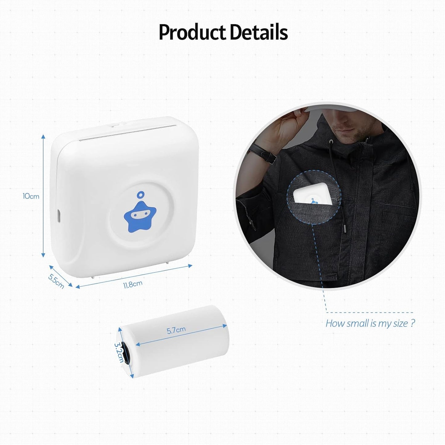 Floomp Mini Imprimante Photo Portable Bluetooth Imprimante Thermique Utilisé pour Imprimante de Reçus pour Mémos Photo pour Android iOS avec Charge de Câble USB, Bleu