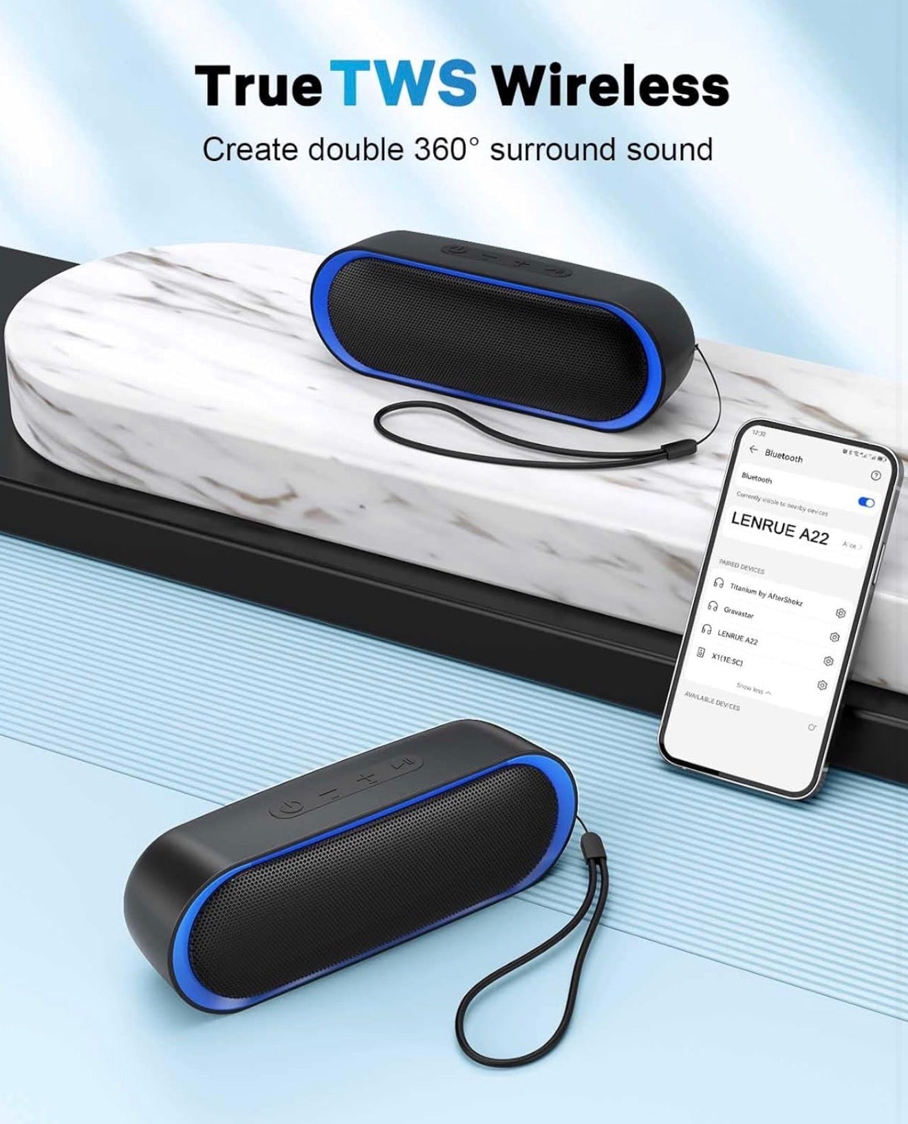Haut-parleurs Bluetooth, haut-parleurs portables étanches avec TWS, 24 heures de lecture, son stéréo, sans fil pour la maison Douche Piscine Plage Extérieur (noir)