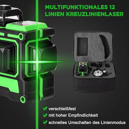 Niveau Laser Vert en 3 x 360 3D 12 Lignes avec Fonction 3° D'auto-Nivellement Auto-équilibrage du Niveau Laser Multifonctionnel 12 Lignes Lignes Horizontales Verticales a Trépied (1 Batteries)