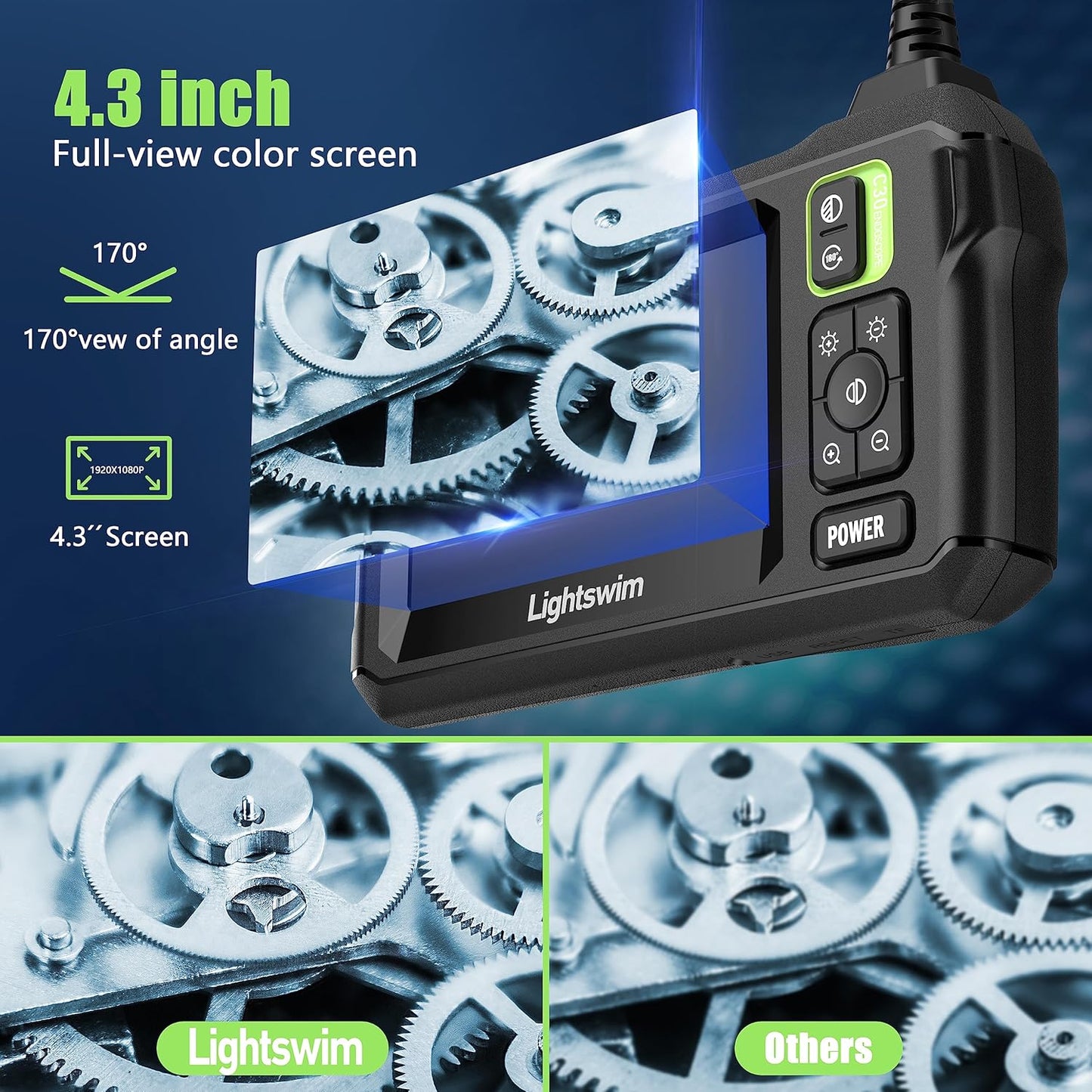 Endoscope Industriel HD 1920p, Endoscope numérique étanche 4,3" écran LCD caméra d'inspection Serpent avec 8 lumières LED, câble Semi-Rigide de 5 m