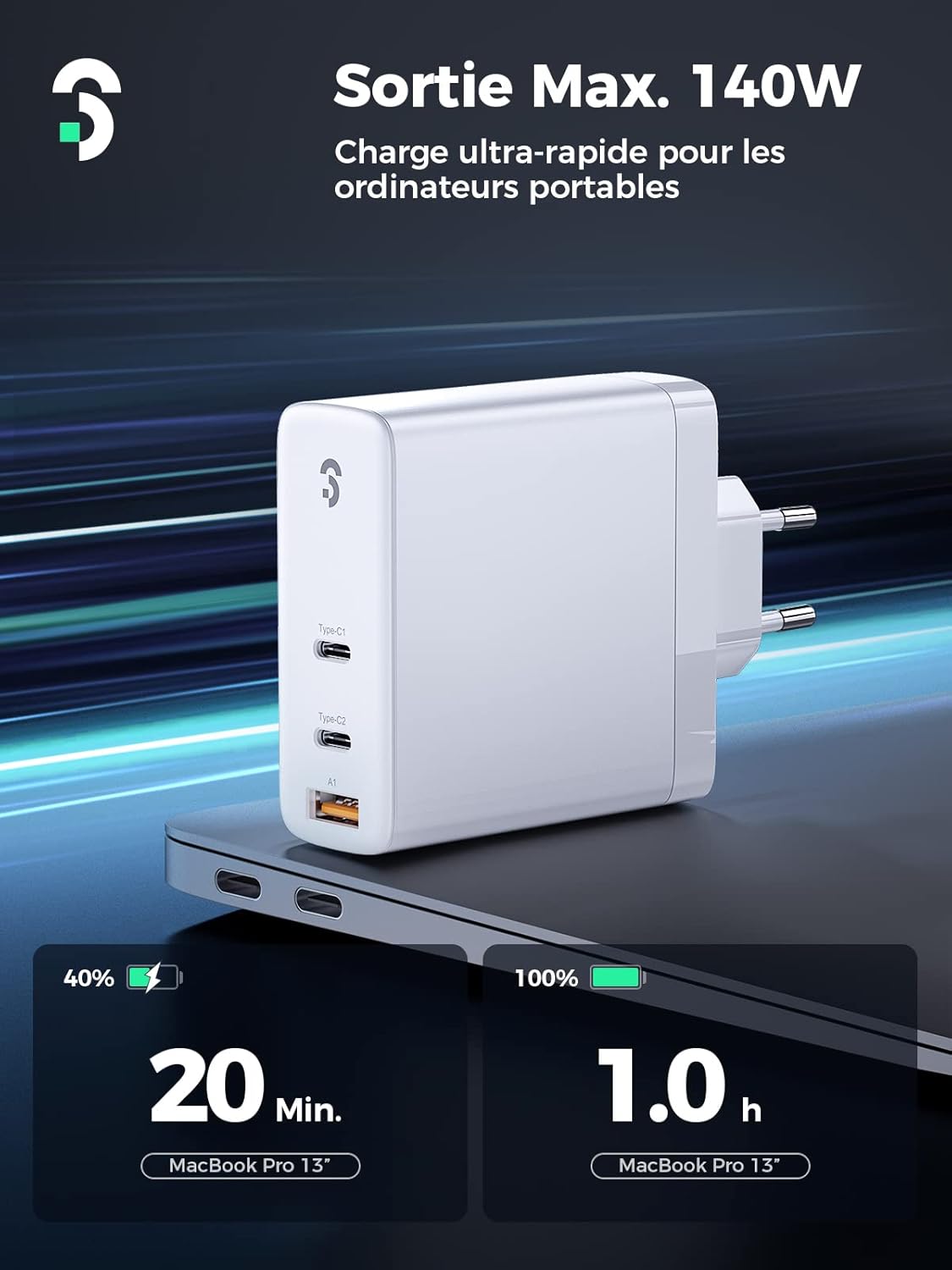 140W GaN Chargeur USB C - SOOMFON PD 3.1 Laptop Chargeur Rapide 3 Ports, Compatible avec MacBook Pro 16″/Air, iPad Pro, iPhone 14/13/12 Pro Max, Galaxy S22/S21, Pixel, Xiaomi et Plus Encore